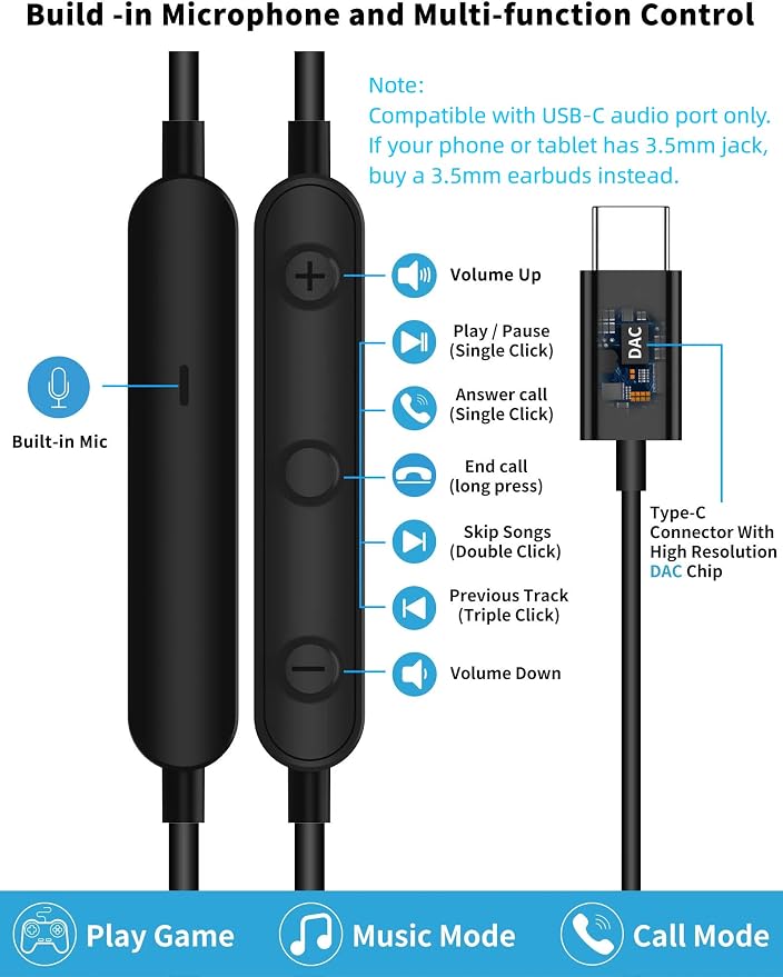 USB C Headphone for Samsung S26 S25 FE S24 A16 A17 Z Wired Earbuds Magnetic | in-Ear Type C Earphone with Microphone Volume Control Bass Stereo Noise Canceling for iPhone 17 Pro Max 16 16e 15 Pixel 10a 9 - Image 3