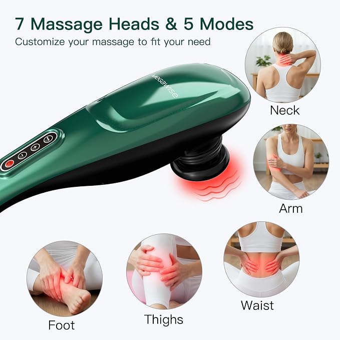 MEGAWISE Cordless Handheld Back Massager w/Rechargeable 3200mAh Battery, 5 Speed and 5 +2 Massage Nodes with Hard, Medium and 2 Soft Silicone Nodes; Massage While Moving Around (Dark Green) - Image 6