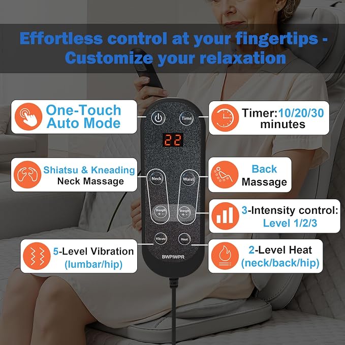 Massage Chair Pad with Dual Neck Modules and Heat, Grey - Image 5