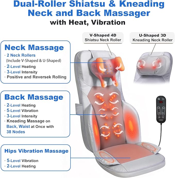 Massage Chair Pad with Dual Neck Modules and Heat, Grey - Image 3
