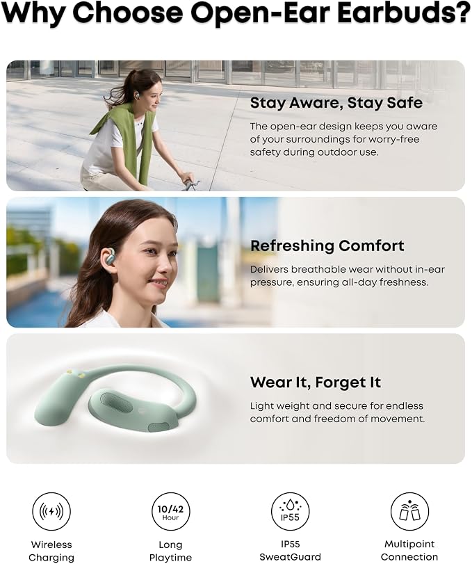 Soundcore AeroFit 2 by Anker Open Ear Earbuds, Open Ear Headphones, Earbuds | Real-Time Translation, 4 Adjustable Positions, 42H Playtime, Rich Bass, Hi-Res, IP55, AI Clear Calls, Wireless Charging - Image 8