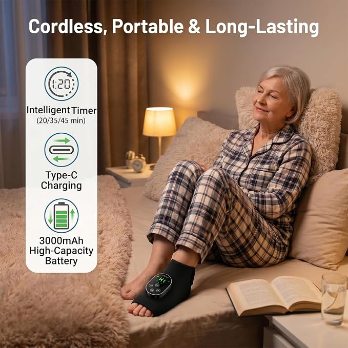 Foot Massager for Neuropathy Plantar Fasciitis Pain Relief, Cordless Heated Vibrating Wrap-Around Ankle Feet Massager,3 Modes,6 Heat Levels,Adjustable Timer,Portable for Home Travel (Black) - Image 8
