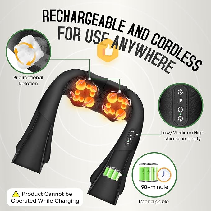 Cordless Shiatsu Neck and Shoulder Massager, Back Massager with Heat ,Massage Deeper Tissue 4D Kneading Massage for Shoulder, Neck and Back, Use at Home, Office, Car - Gifts for Fathers Day Dad Gift - Image 2