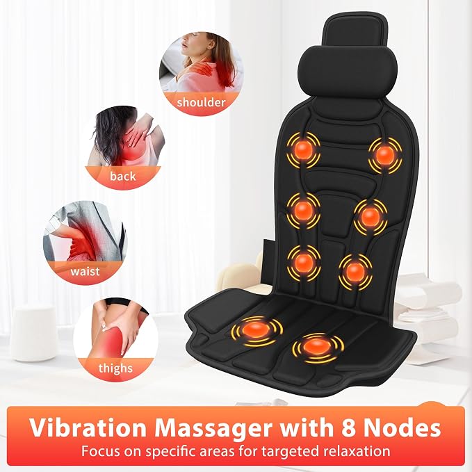 Back Massager with Heat, 8-Motor Vibration Chair Massage Pad with Heated Neck Pillow, 5 Modes & 2 Heat Levels, for Office Chair, Sofa and Recliner, Midnight - Image 2