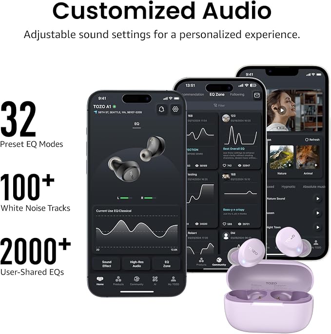 TOZO A1 Wireless Earbuds Bluetooth 5.3 Light Weight in Ear Headphones | IPX5 Waterproof,2 Mics for AI Calls,Immersive Premium Sound Bass Headset with Charging Case,32 EQ via App Light Purple - Image 7