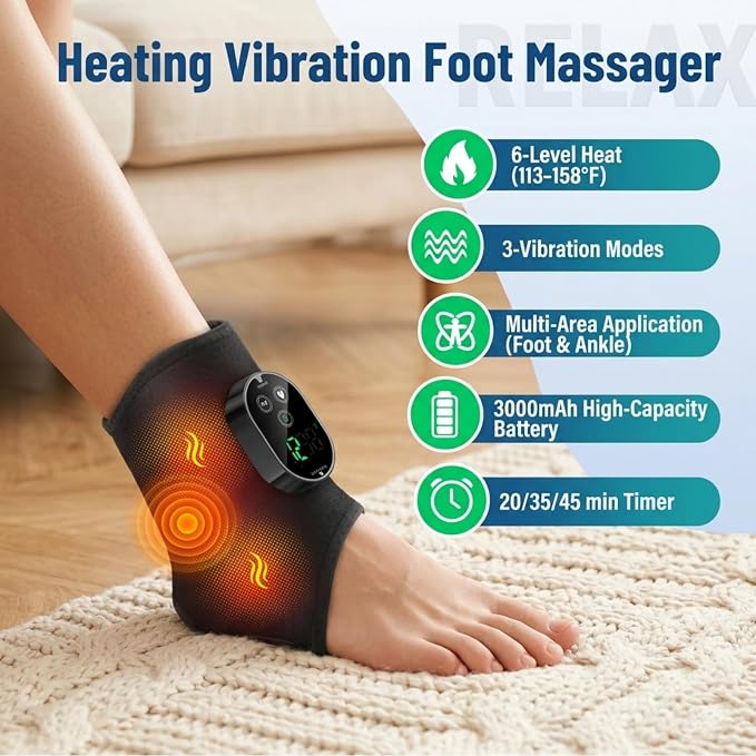 Foot Massager for Neuropathy Plantar Fasciitis Pain Relief, Cordless Heated Vibrating Wrap-Around Ankle Feet Massager,3 Modes,6 Heat Levels,Adjustable Timer,Portable for Home Travel (Black) - Image 2