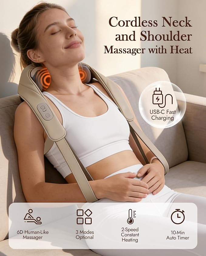 Neck Massager with Heat Cordless: Shiatsu Back Shoulder Massage Tools for Pain Relief Deep Tissue Electric 4D Kneading for Muscle Remedy Lymphatic Drainage Gifts for Men Women Mom Dad (Brown) - Image 3