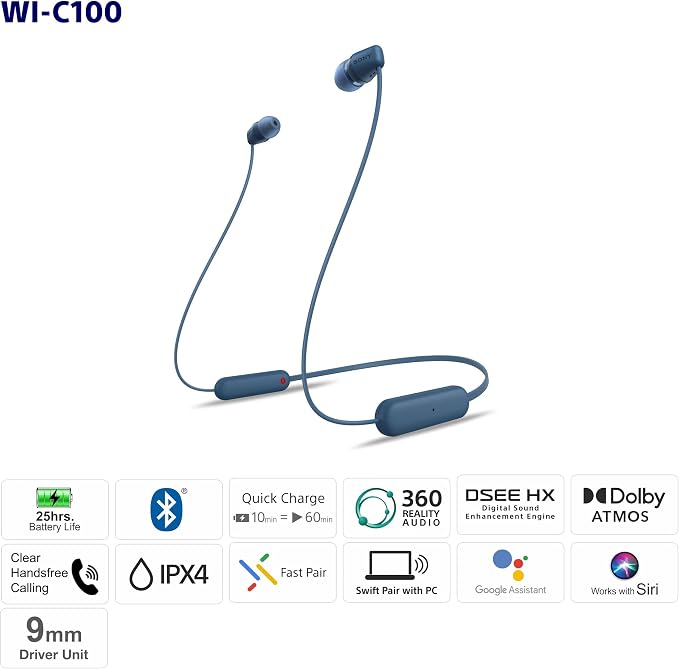 Sony WI-C100 Wireless in-Ear Bluetooth Headphones with Built-in Microphone,Blue,(Pack of 2) - Image 9