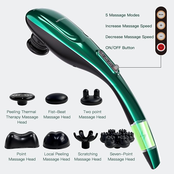 MEGAWISE Cordless Handheld Back Massager w/Rechargeable 3200mAh Battery, 5 Speed and 5 +2 Massage Nodes with Hard, Medium and 2 Soft Silicone Nodes; Massage While Moving Around (Dark Green) - Image 9