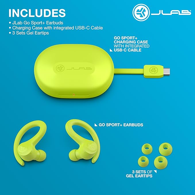 JLab, Go Sport+, True Wireless Workout Earbuds, Bluetooth Sport Earbuds, Clear Calling, Yellow | True Wireless Headphones Bluetooth, Hook Over Ear Earbuds for Sports & Gym, 35+ Hours, IP55 Sweatproof, Be Aware - Image 4