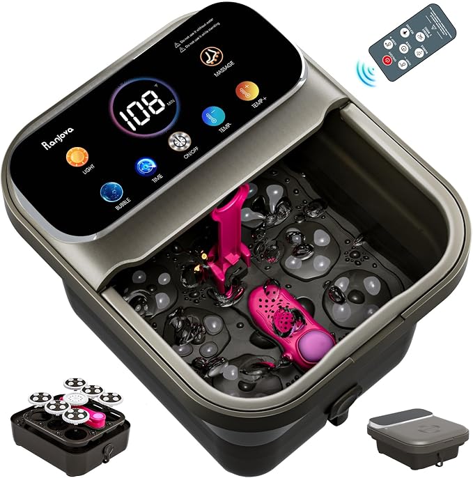 Ranjova Foot Spa Electric Rotary Massage, with Touchscreen Pro Color Display, Collapsible Foot Bath with Heat, Bubble,Remote Control, Temp Control, and 24 Motorized Shiatsu Massage Balls (Dark Grey) by ranjova