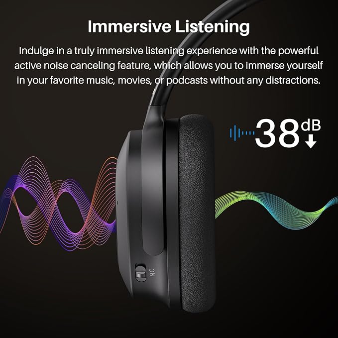 TOZO Hybrid Active Noise Cancelling Headphones, Wireless Over Ear Bluetooth Headset, 40H Playtime, Hi-Res Audio Custom EQ via App Deep Bass Comfort Fit Ear Cups, for Home Office Travel Black - Image 3