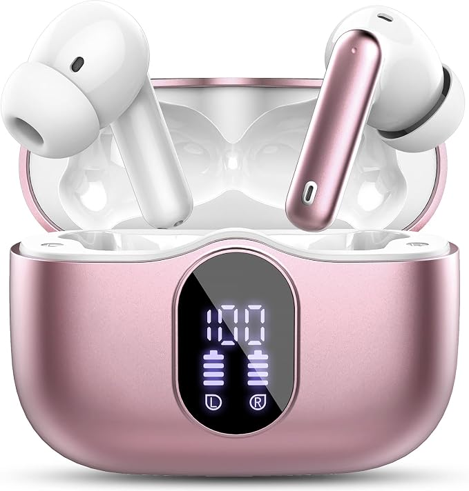 Wireless Earbuds, Bluetooth 5.4 Headphones Bass Stereo/Clear Call,Rose Gold | Ear Buds with Noise Cancelling Mic LED Display in Ear Earphones IP7 Waterproof 36H Bluetooth Earbuds for Phones/Sport/Laptop by Btootos