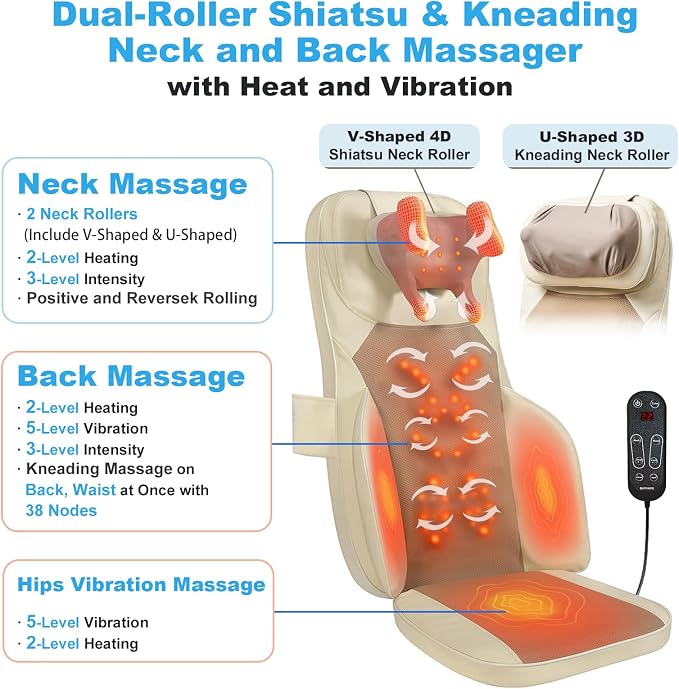Back Massager for Chair with Dual Neck Modules and Heat, Beige - Image 3