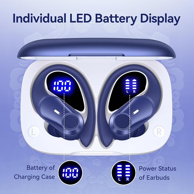 Active Noise Cancelling Ear Buds Wireless Earbuds 80H Playtime Bluetooth Headphones with LED Display Case, Hi-Res Audio Clear Calls Earphones with Over Ear Hooks for Running Gym Workout Travel Blue - Image 6