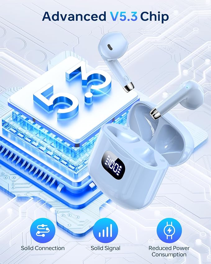 KTGEE Wireless Earbuds Bluetooth 5.3 Ear Buds Headphones, 40Hrs Playback | Stereo Sound, LED Display, IPX7 Waterproof, Compact In-ear Earphones with Mic for Phone Tablet Laptop Sport, Blue - Image 2