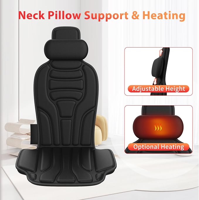 Back Massager with Heat, 8-Motor Vibration Chair Massage Pad with Heated Neck Pillow, 5 Modes & 2 Heat Levels, for Office Chair, Sofa and Recliner, Midnight - Image 4