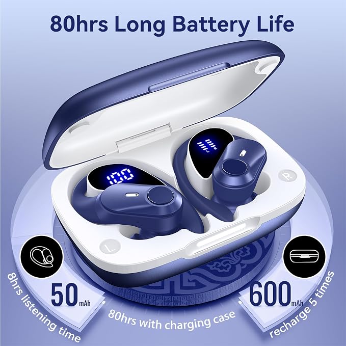 Active Noise Cancelling Ear Buds Wireless Earbuds 80H Playtime Bluetooth Headphones with LED Display Case, Hi-Res Audio Clear Calls Earphones with Over Ear Hooks for Running Gym Workout Travel Blue - Image 5