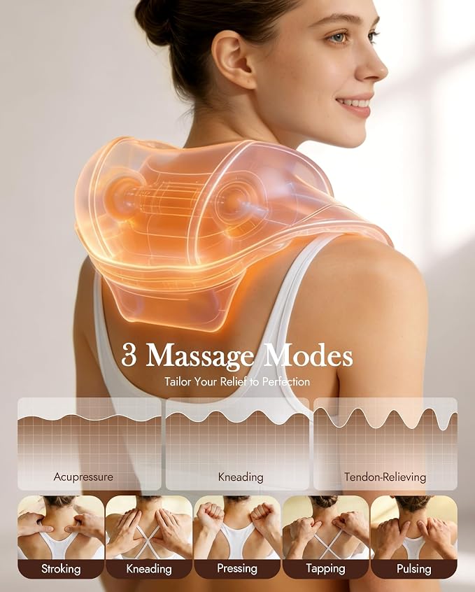 Neck Massager with Heat Cordless: Shiatsu Back Shoulder Massage Tools for Pain Relief Deep Tissue Electric 4D Kneading for Muscle Remedy Lymphatic Drainage Gifts for Men Women Mom Dad (Brown) - Image 2