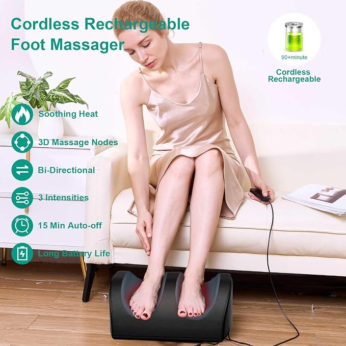 LINGTENG Rechargeable Cordless Foot Massager with Heat, Shiatsu Foot Massager with Cord Remote Control and Roller Massage, Portable for Home/Office Use, Dad Mom Gifts - It Won't Work While Charging - Image 4