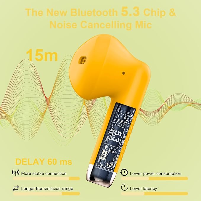 Wireless Earbuds, Bluetooth 5.4 Headphones in Ear with Noise Cancelling Mic | Bluetooth Earbuds Stereo Bass, IP7 Waterproof Sports Earphones, 32H Playtime USB C Charging Ear Buds Yellow for Android iOS - Image 2