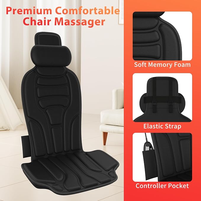 Back Massager with Heat, 8-Motor Vibration Chair Massage Pad with Heated Neck Pillow, 5 Modes & 2 Heat Levels, for Office Chair, Sofa and Recliner, Midnight - Image 5
