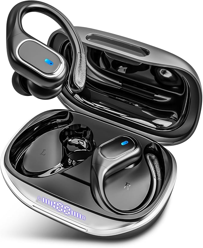 HAOYUYAN Wireless Earbuds Bluetooth 5.3 Headphones with 80H Playback, IPX7 Waterproof Over Ear Buds with LED Power Display for Sports Running Workouts Gray Black by HAOYUYAN