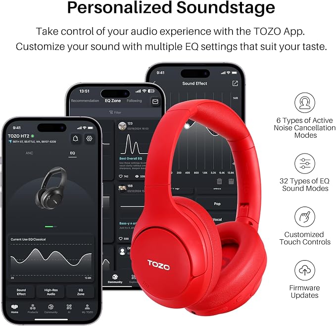 TOZO Hybrid Active Noise Cancelling Headphones, Hi Res Audio | Wireless Over Ear Bluetooth Headset, 60H Playtime, Custom EQ via App Deep Bass Comfort Fit Ear Cups, for Home Office Travel - Image 6