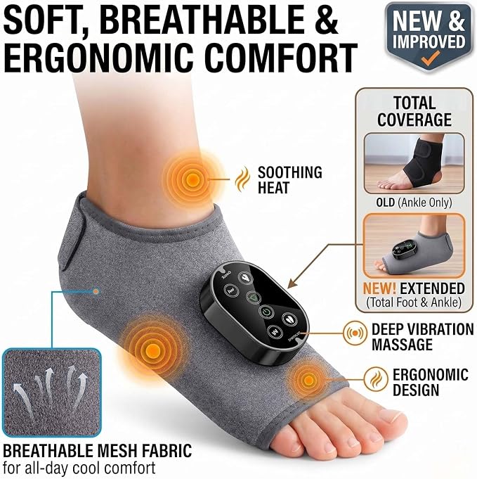 Foot Massager for Neuropathy Plantar Fasciitis Pain Relief, Cordless Heated Vibrating Wrap-Around Ankle Feet Massager,3 Modes,6 Heat Levels,Adjustable Timer,Portable for Home Travel (Gray) - Image 4