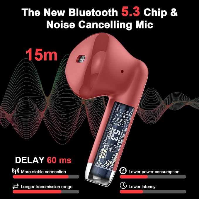 Wireless Earbuds, Bluetooth 5.4 Earbuds Stereo Bass, Bluetooth Headphones | in Ear Noise Cancelling Mic, Earphones IP7 Waterproof Sports, 32H Playtime USB C Charging Case Red Ear Buds for Android iOS - Image 2