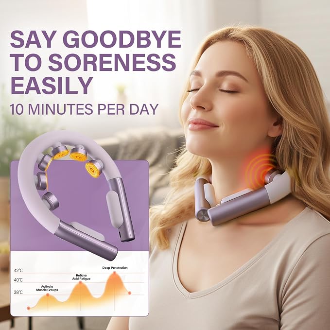 Neck Massager for Pain Relief Deep Tissue with Heat and 10 Massage Patterns & 16 Intensity Steps, Gift for Home or Travel, Purple - Image 2