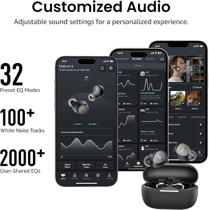 TOZO A1 Wireless Earbuds Bluetooth 5.3 Light Weight in Ear Headphones | IPX5 Waterproof,2 Mics for AI Calls,Immersive Premium Sound Bass Headset with Charging Case,32 EQ via App Black - Image 4