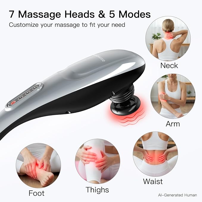 MEGAWISE Handheld Back Massager | Deep Tissue Percussion Massage for Back, Neck, Shoulders, Waist and Legs (Silver Grey) with 6ft Power Cord, Ergonomic Handle - Image 3