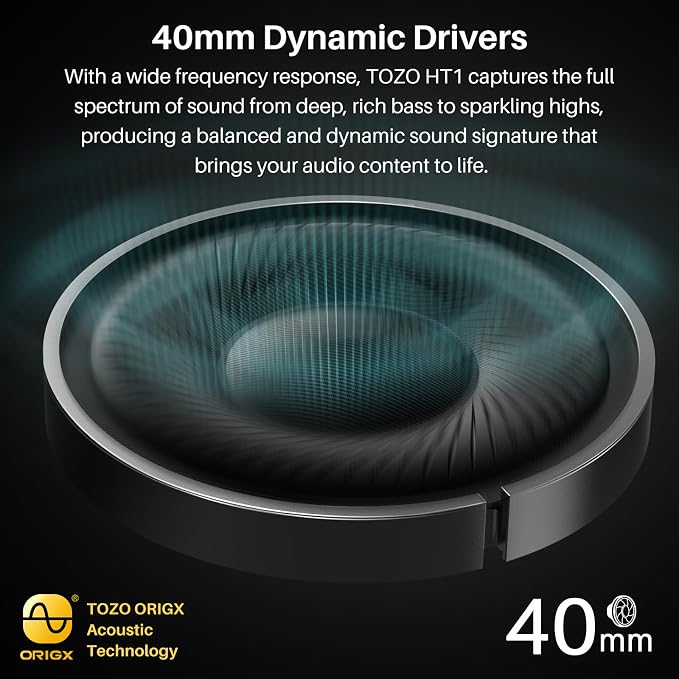 TOZO Hybrid Active Noise Cancelling Headphones, Wireless Over Ear Bluetooth Headset, 40H Playtime, Hi-Res Audio Custom EQ via App Deep Bass Comfort Fit Ear Cups, for Home Office Travel Black - Image 2