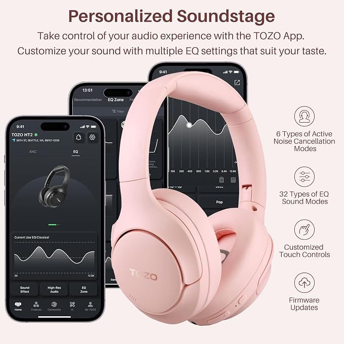 TOZO Hybrid Active Noise Cancelling Headphones, Hi Res Audio | Wireless Over Ear Bluetooth Headset, 60H Playtime, Custom EQ via App Deep Bass Comfort Fit Ear Cups, for Home Office Travel - Image 4