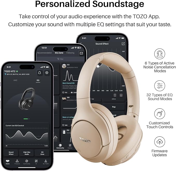 TOZO Hybrid Active Noise Cancelling Headphones, Hi Res Audio | Wireless Over Ear Bluetooth Headset, 60H Playtime, Custom EQ via App Deep Bass Comfort Fit Ear Cups, for Home Office Travel - Image 6