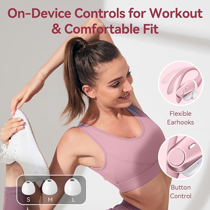 Active Noise Cancelling Ear Buds Wireless Earbuds 80H Playtime Bluetooth Headphones with LED Display Case, Hi-Res Audio Clear Calls Earphones with Over Ear Hooks for Running Gym Workout Rose Gold - Image 8