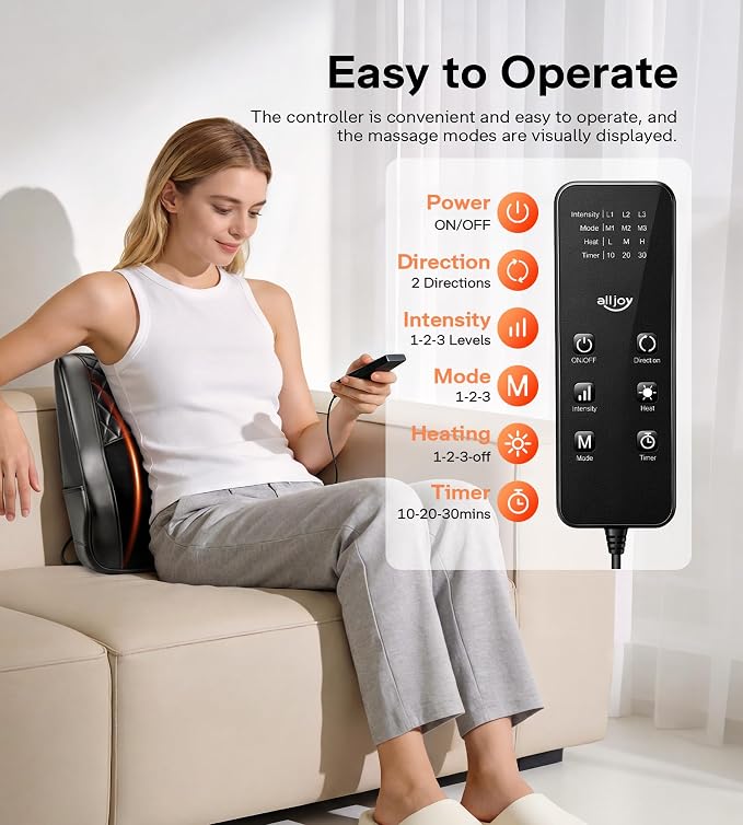 ALLJOY Heated Back Massager for Back Pain Relief, Deep Tissue Shiatsu Lumbar Support Pillow with 3 Massage Modes, 3 Intensity Levels & 3 Timer Settings for Office Chair Home, Fathers Day Gift for Dad - Image 6