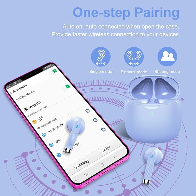 Wireless Earbuds, Bluetooth 5.4 Earbuds Stereo Bass, Bluetooth Headphones | in Ear Noise Cancelling Mic, Earphones IP7 Waterproof Sports, 32H Playtime USBC Charging Case Purple Ear Buds for Android iOS - Image 5