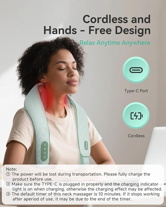 Snailax Cordless Shiatsu Neck Massager with Heat, 4D Kneading Back Shoulder Massager Deep Tissue, Larger Massage & Heating Area, Gift for Mom Dad - Image 4