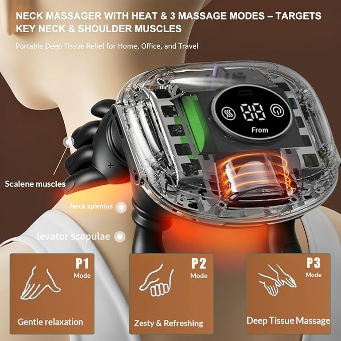 Neck Massager with Heat, Cordless 4D Kneading Neck Shoulder Back Massager, Deep Tissue Pain Relief Massager with Bionic Fingers & Screen, Ideal Gift for Men Women(Black) - Image 3