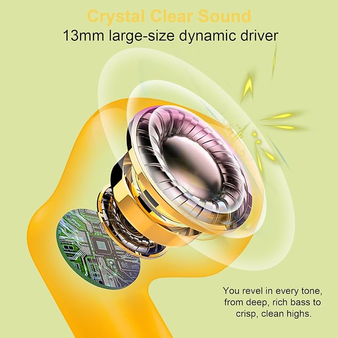 Wireless Earbuds, Bluetooth 5.4 Headphones in Ear with Noise Cancelling Mic | Bluetooth Earbuds Stereo Bass, IP7 Waterproof Sports Earphones, 32H Playtime USB C Charging Ear Buds Yellow for Android iOS - Image 3