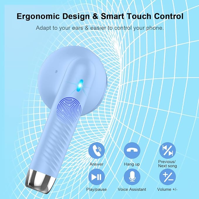 Wireless Earbuds, Bluetooth 5.4 Headphones in Ear with Noise Cancelling Mic, Bluetooth Earbuds Stereo Bass, IP7 Waterproof Sports Earphones, 32H Playtime USB C Charging Buds Light Blue for Android iOS - Image 6