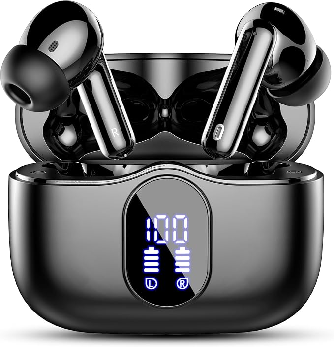 Wireless Earbuds, Bluetooth 5.4 Headphones Bass Stereo/Clear Calls, Black | Ear Buds with Noise Cancelling Mic LED Display in Ear Earphones IP7 Waterproof 36H Bluetooth Earbuds for Phones/Sport/Laptop by Btootos