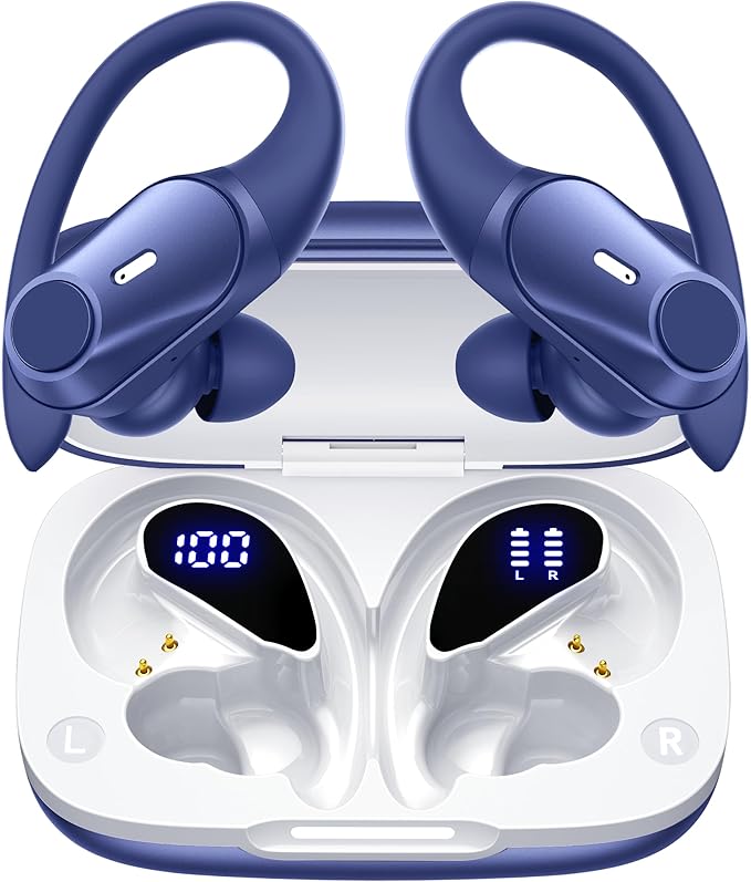 Active Noise Cancelling Ear Buds Wireless Earbuds 80H Playtime Bluetooth Headphones with LED Display Case, Hi-Res Audio Clear Calls Earphones with Over Ear Hooks for Running Gym Workout Travel Blue by GOLREXWIRELESSEARBUDS
