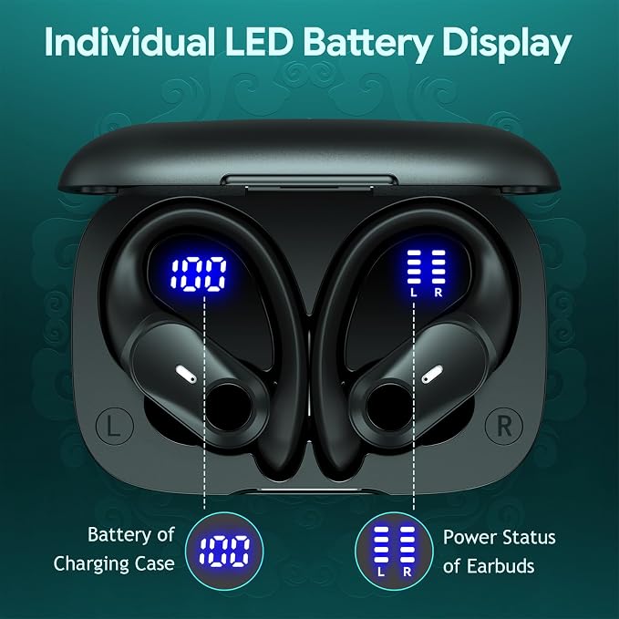 Active Noise Cancelling Ear Buds Wireless Earbuds 80H Playtime Bluetooth Headphones with LED Display Case, Hi-Res Audio Clear Calls Earphones with Over Ear Hooks for Running Gym Workout Travel Black - Image 6