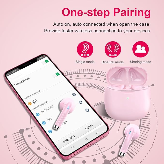 Wireless Earbuds, Bluetooth 5.4 Earbuds Stereo Bass, Bluetooth Headphones | in Ear Noise Cancelling Mic, Wireless Earphones IP7 Waterproof Sports, 32H Playtime Mini USB C Charging Ear Buds Light Pink - Image 5