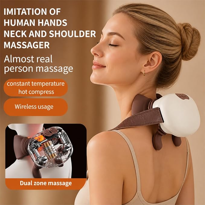 Neck and Shoulder Massager,Portable Shiatsu Back Massage Hand-Shaped Deep Tissue 4D Kneading Massager with Heat for Pain Relief and Muscle Relax,Gifts for Women Men,(Cream & Brown) - Image 5
