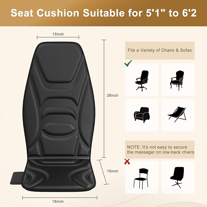 Back Massager with Heat for Chair, Vibration Massage Seat Cushion with 8 Motors, Massage Chair Pad with 5 Modes & 3 Intensities, Massage Pad for Office Chair, Recliner & Sofa - Image 5