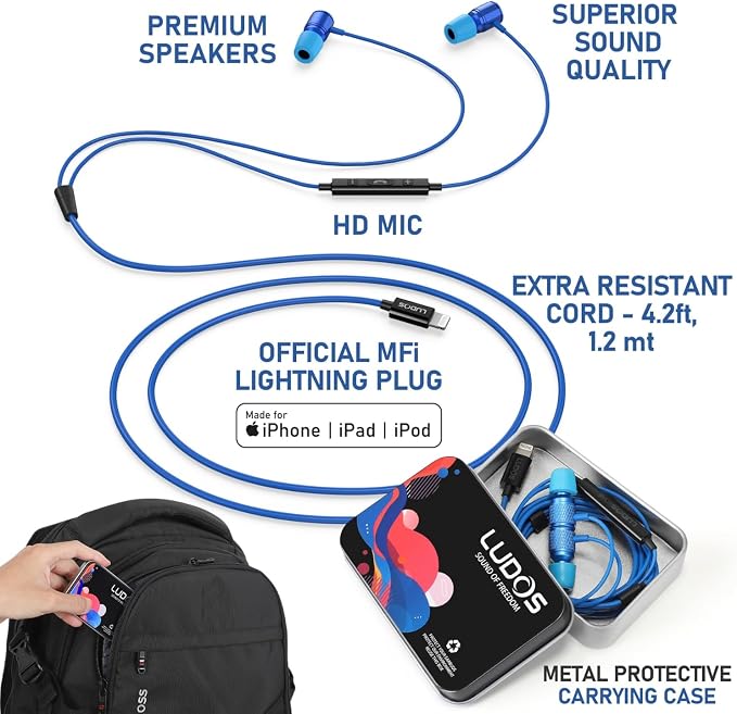LUDOS Ultra iPhone Wired Headphones Earbuds Earphones with Lightning Connector Apple MFi Certified, 5 Years Warranty, for iPhone 14 13 12 11 Pro Max X XS XR 8 7 Plus with Microphone Control - Blue - Image 2